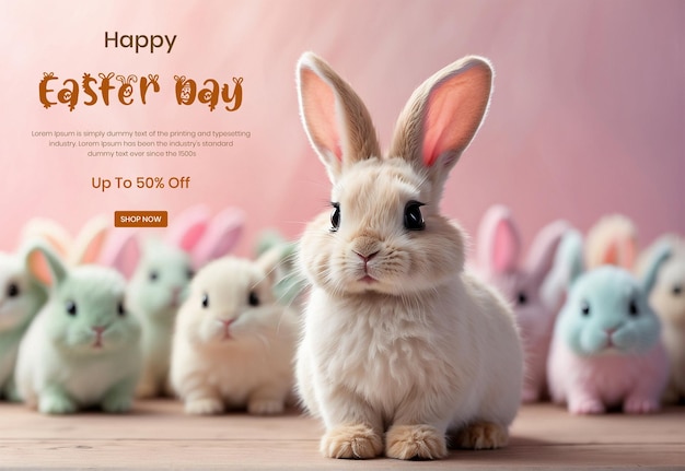 PSD easter concept a cute rabbit or bunny leading a procession of pastel colors background