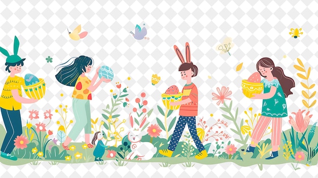 Easter Egg Hunt With Children Collecting Eggs in a Park Desi PNG Festival 2D Flat Art Illustrations