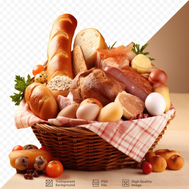 Easter food basket includes eggs salt bread meat sausage and Easter cake