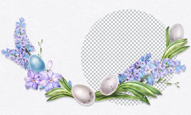 Easter garland of blue hiacinth and alstroemeria flowers and eggs Botanical watercolor floral illustration