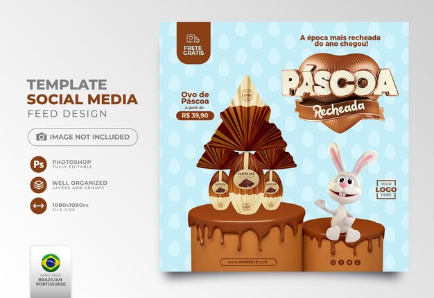 Easter Post social media stuffed in portuguese 3d render for offer campaign in brazil