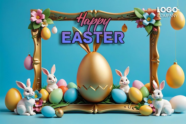 Easter poster or banner template with Cute Bunny Easter eggs in the nest on a blue background