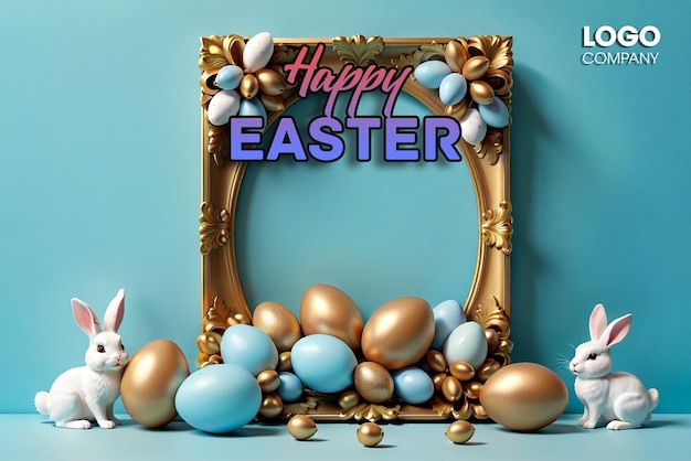 Easter poster or banner template with Cute Bunny Easter eggs in the nest on a blue background