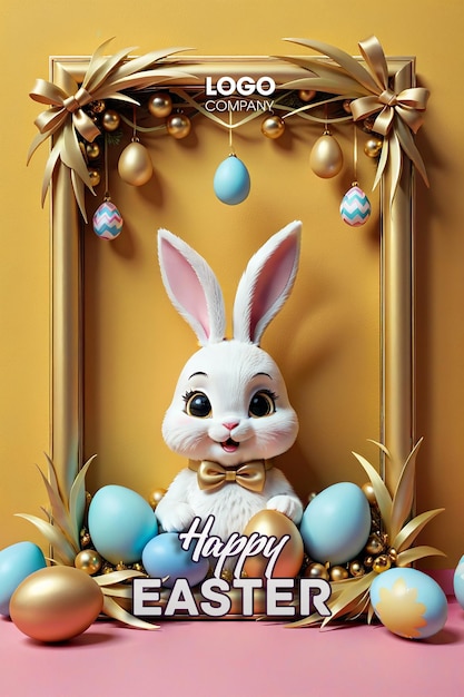 Easter poster or banner template with Cute Bunny Easter eggs in the nest on a blue background