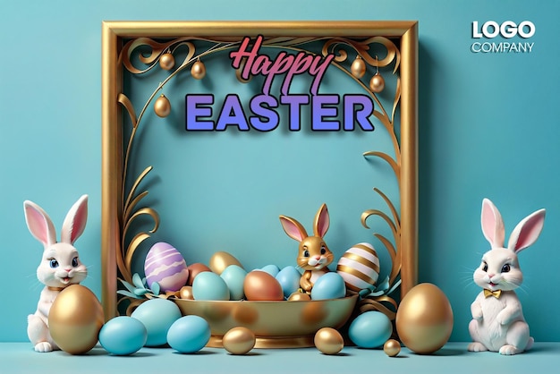 Easter poster or banner template with Cute Bunny Easter eggs in the nest on a blue background