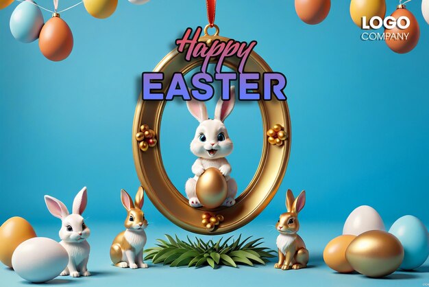 Easter poster or banner template with Cute Bunny Easter eggs in the nest on a blue background