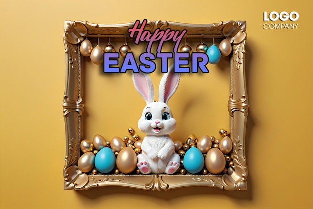 Easter poster or banner template with Cute Bunny Easter eggs in the nest on a blue background