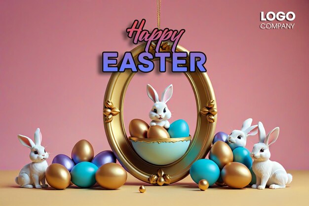 Easter poster or banner template with Cute Bunny Easter eggs in the nest on a blue background