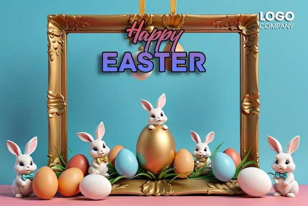 Easter poster or banner template with Cute Bunny Easter eggs in the nest on a blue background