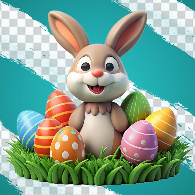 Easter theme with a bunny and colored eggs in a basket on green grass against a white background