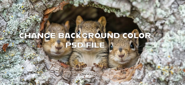 Eastern chipmunks peeking from tree hollow in forest