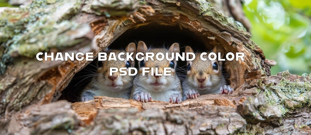 PSD eastern chipmunks peeking from tree hollow in forest