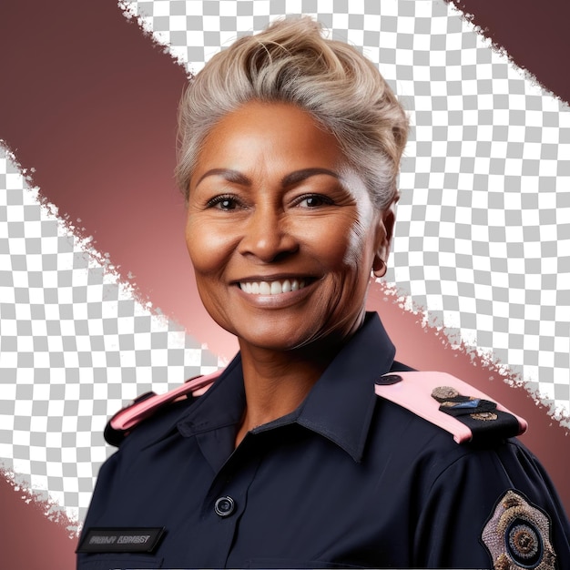 Eccentric Aussie Policewoman Blonde Grinning in Aboriginal Attire against a Tilted Salmon Background