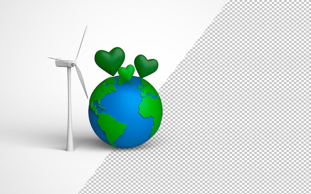 Ecological Energy Concept Wind Turbine Windmills Earth Globe and green hearts 3d Rendering