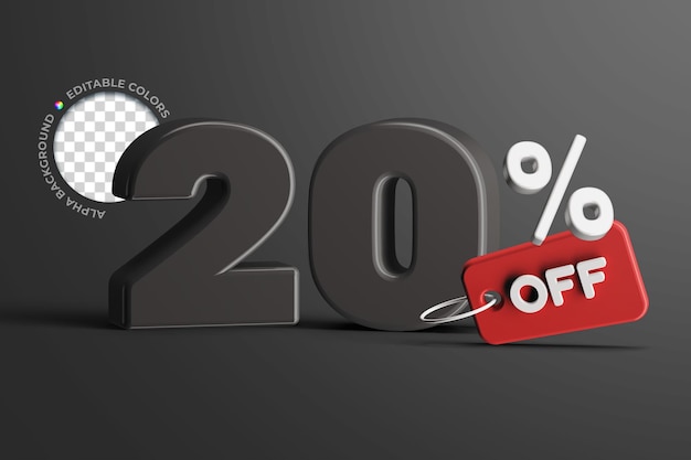 Editable 20 percent offer sale discount price tag promotion concept 3d render text mockup isolalted