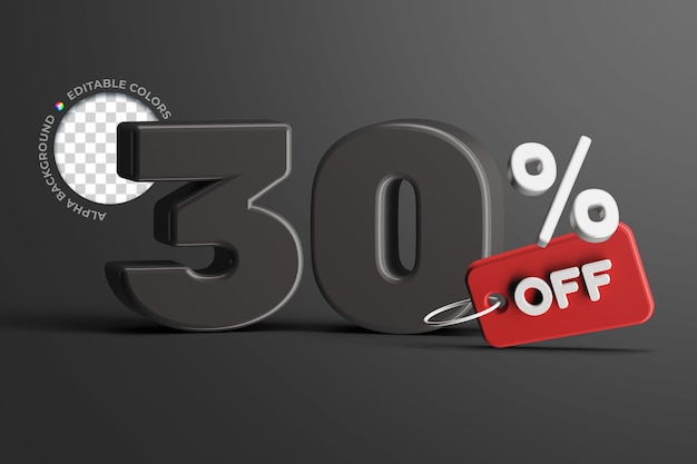 Editable 30 percent offer sale discount price tag promotion concept 3d render text mockup isolalted