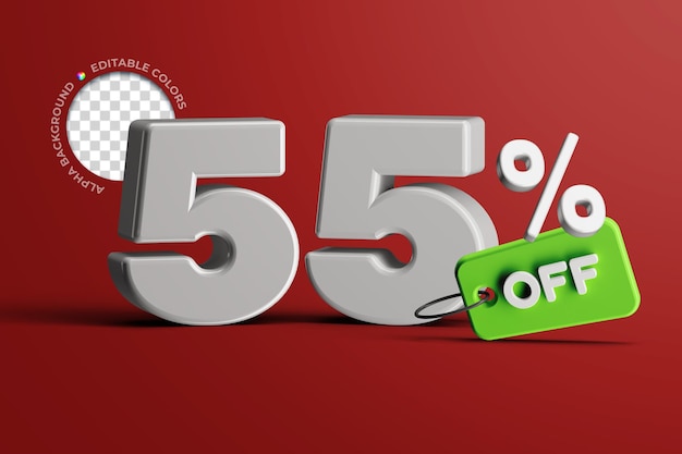 Editable 55 percent offer sale discount price tag promotion concept 3d render text mockup isolalted