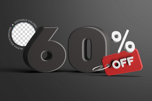 Editable 60 percent offer sale discount price tag promotion concept 3d render text mockup isolalted