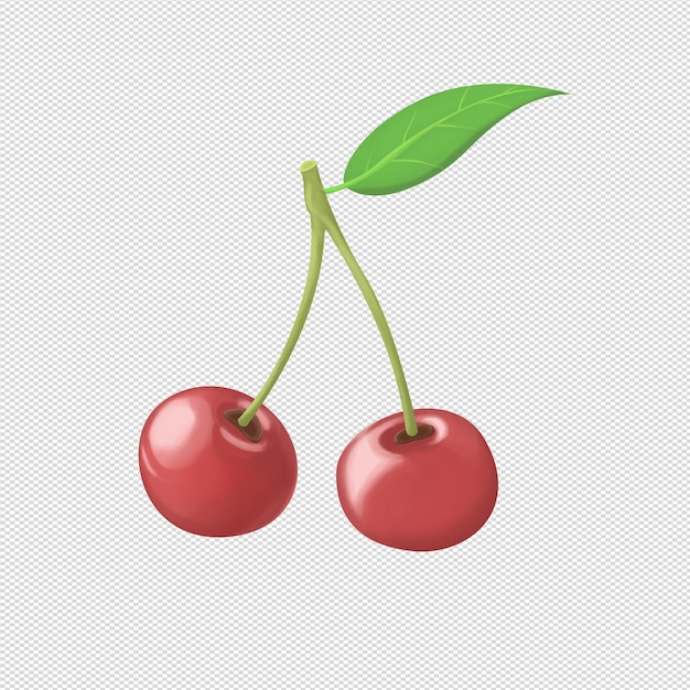 Editable illustration of 2 cherries on branch with green leaf in casual style without background