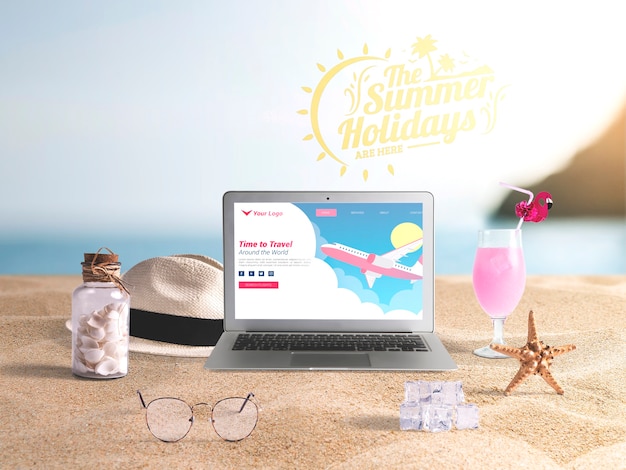 Editable laptop mockup with summer elements