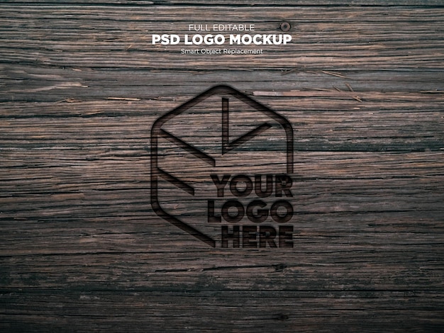 Editable logo mockup engraved on wood surface