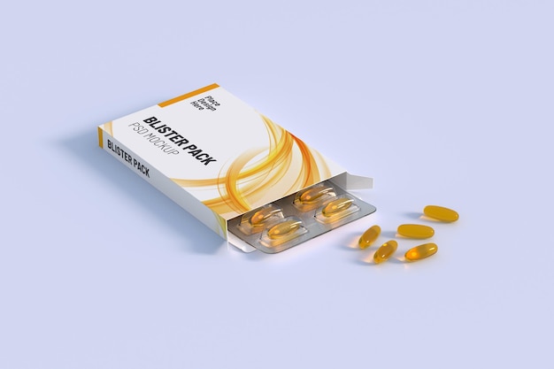 Editable mockup of fish oil omega 3 golden capsules in a blister pack 3d rendering