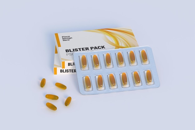 Editable mockup of fish oil omega 3 golden capsules in a blister pack 3d rendering