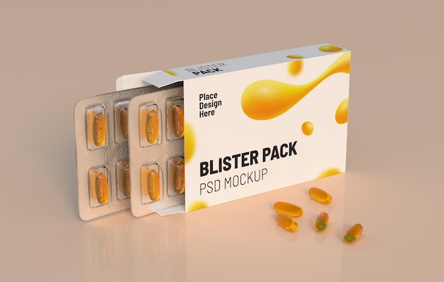 Editable mockup of fish oil omega 3 golden capsules in two blister pack 3d rendering