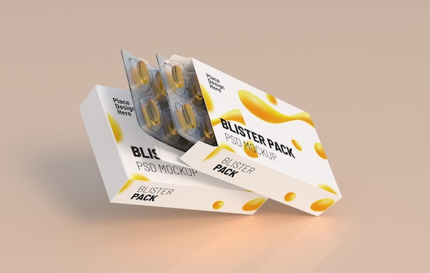 Editable mockup of fish oil omega 3 golden capsules in two blister pack 3d rendering