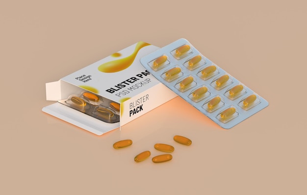 Editable mockup of fish oil omega 3 golden capsules in two blister pack 3d rendering