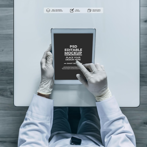 PSD editable psd doctor hands white glove and tablet mockup screen