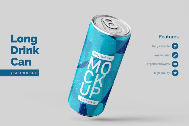 Editable Realistic Floating Right Long Aluminium Drink Can Mockup Design Template