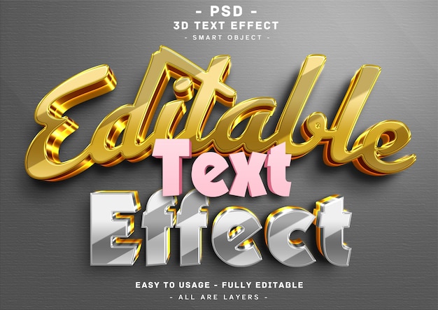 Editable text effect 3d golden and silver style