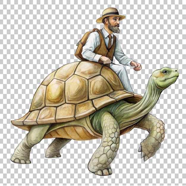 Edward lear drawing man riding a turtle on transparent background