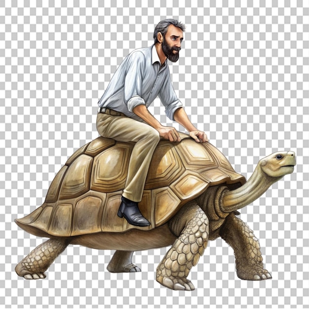 PSD edward lear drawing man riding a turtle on transparent background