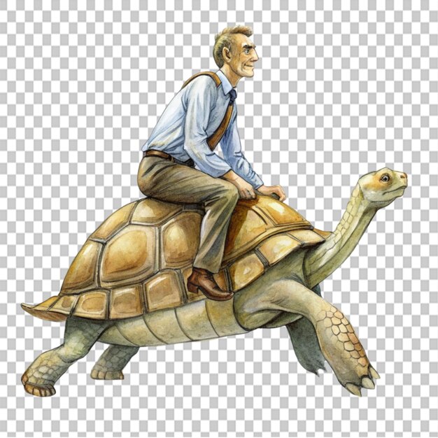 PSD edward lear drawing man riding a turtle on transparent background