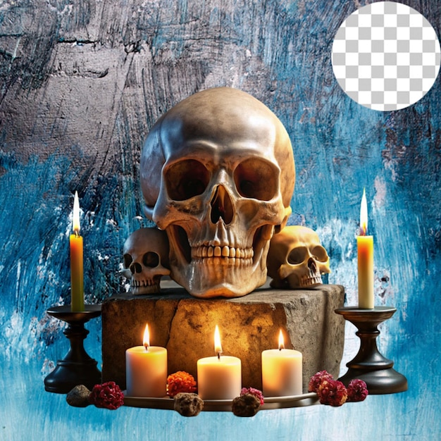 PSD eerie esoteric altar with skull on transparent background