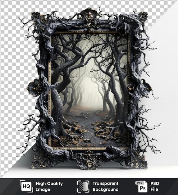 Eerie Halloween photo frame with isolated forest on transparent background