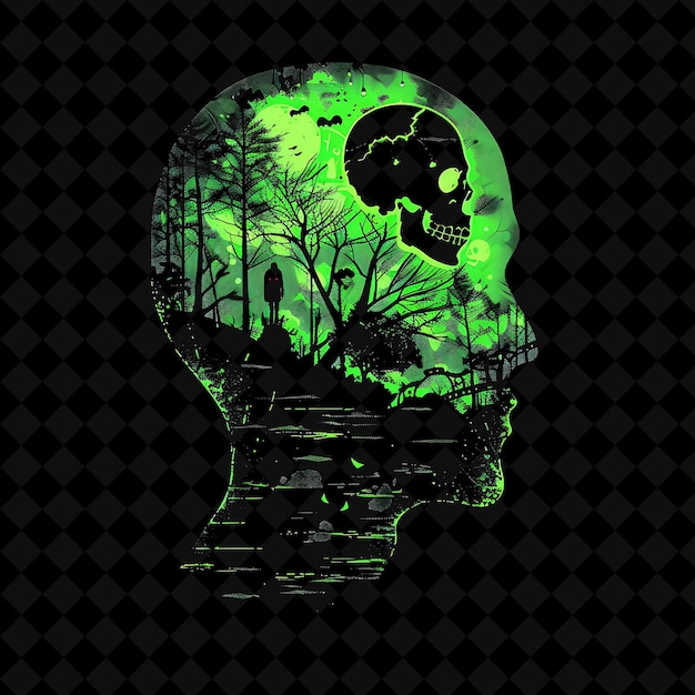 PSD eerie neon haunted forest inside a silhouette skull landscap png neon artistic landscape