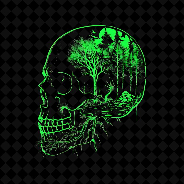 PSD eerie neon haunted forest inside a silhouette skull landscap png neon artistic landscape