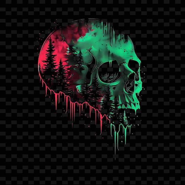 PSD eerie neon horror forest inside a silhouette skull landscape png y2k fairy tale inspired designs