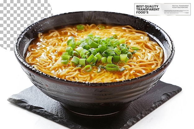 Egg Drop Soup served in a black soup bowl with wisps of egg on transparent background