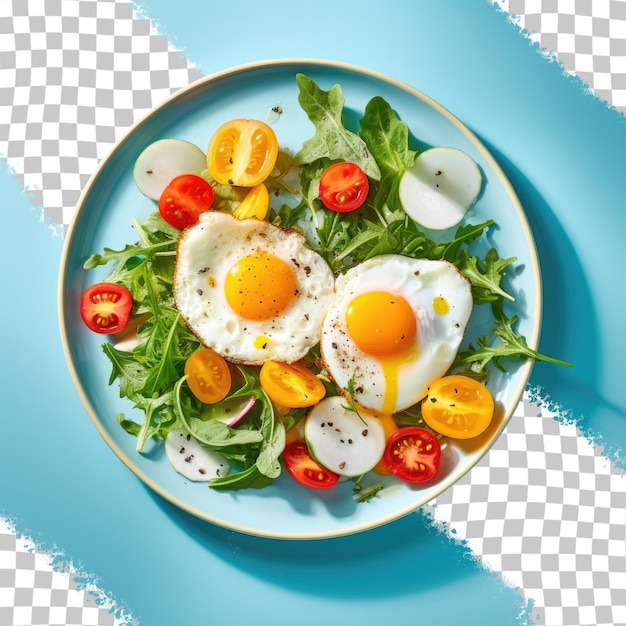 Eggs curd and salad on a blue plate transparent background