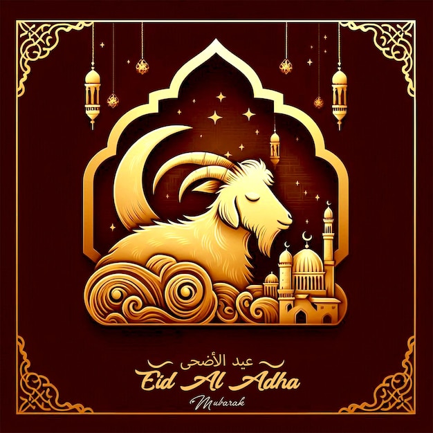 Eid al adha card with picture of a goat with a golden background