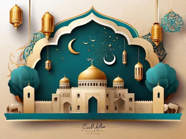 Eid al adha celebration of muslim holiday the sacrifice sheep mosque pattern