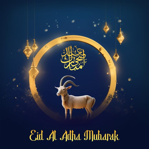 PSD eid al adha concept circle design with a goat with golden lanterns on blue background