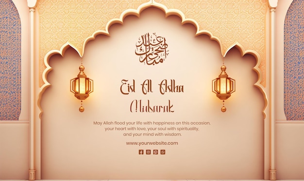 PSD eid al adha concept mosque mihrab with hanging golden lanterns decoration on peach fuzz background