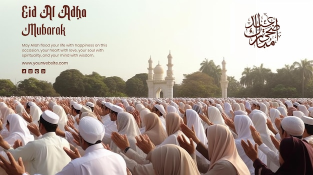 Eid Al Adha concept scene of Muslims raising their hands to pray after the Eid prayer