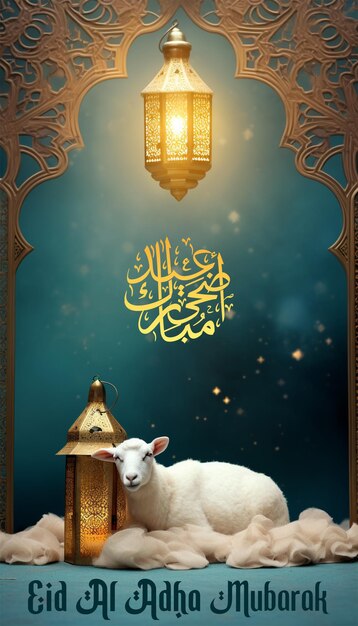 PSD eid al adha concept a sheep lay down beside a marrakesh lantern on aqua texture background