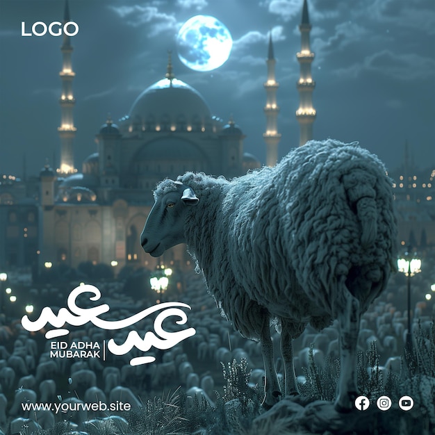 Eid al Adha design post template greeting poster mosque in the background